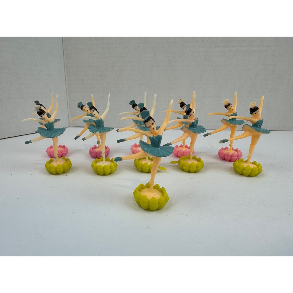 Vintage Plastic Ballerina Cake Toppers Teal Tutu Flower Base Set of 11 Dancers